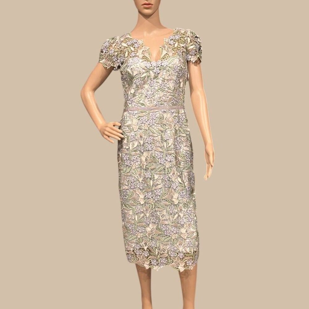 Marchesa Notte Ice Bell Bloom Sheath Crochet Overlay Dress Muted Blue Sz 8